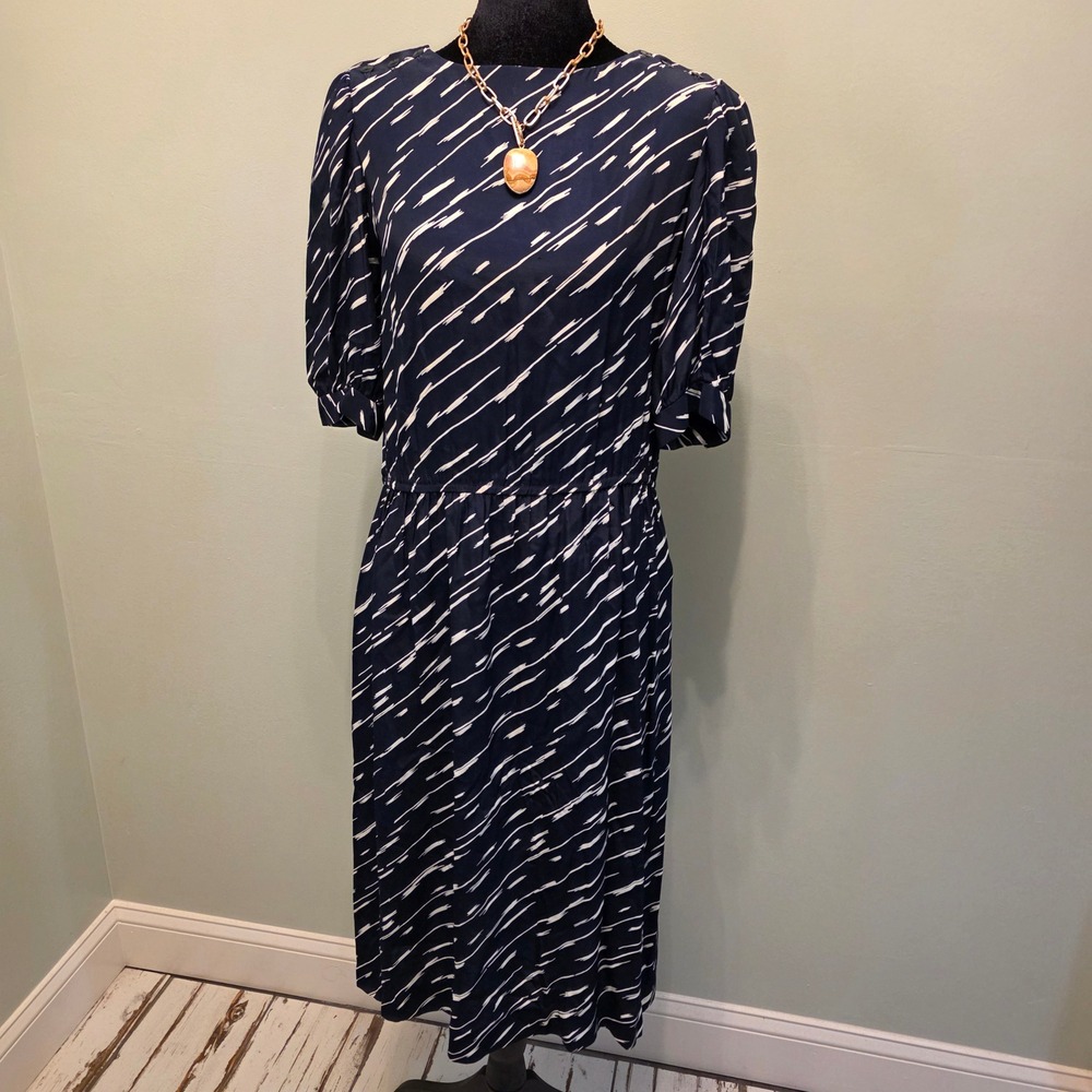 JH Paul Ltd Vintage Navy Blue White Abstract Print Puff Sleeve Midi Dress 70-80s